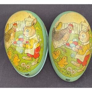VTG Easter Egg Tin J Chein & Co Lithograph Candy Container Bunny Chicks -TO3